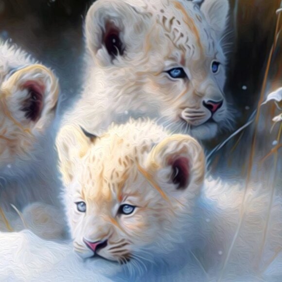 8x8 or 8x10 Lion Cubs Snowy Landscape Wall Art Watercolor Oil Painting Print - Picture 5 of 6